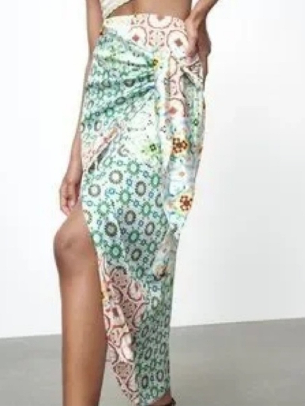 Zara Printed Satin Wrap Skirt with Knot Pareo M - Picture 2 of 10